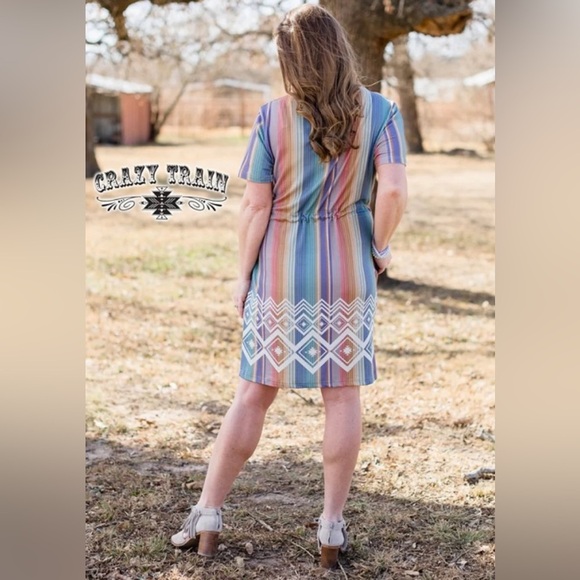 Crazy Train Pastel Colorful Drawstring Waist Aztec Dress - Picture 2 of 7